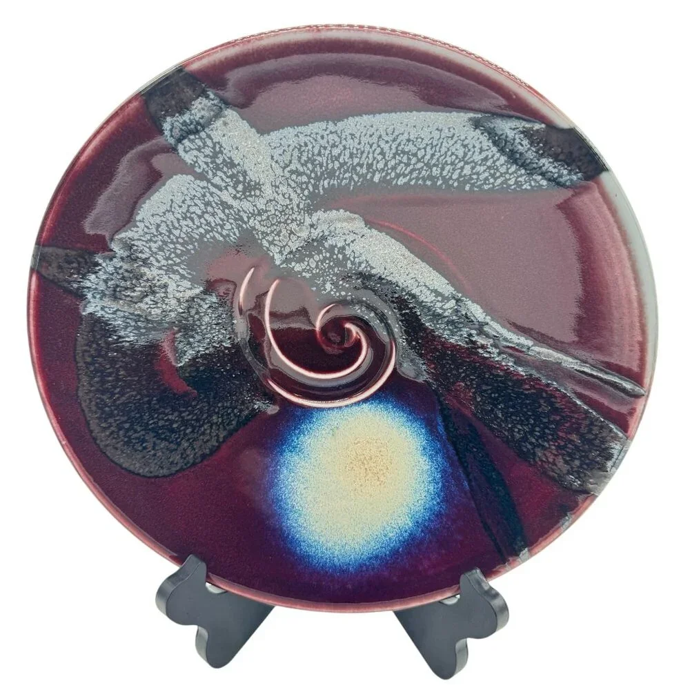 Matthew Patton Studio Pottery Bowl Abstract Swirl Blue Accents 10.25